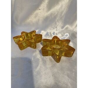 Set of 2 Vintage Bohemia Yellow Amber Recycle Glass Star Candleholders